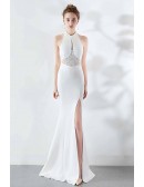 Fitted Mermaid Long Halter Prom Dress with Beaded Neckline