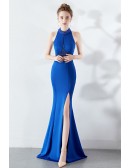 Fitted Mermaid Long Halter Prom Dress with Beaded Neckline