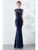 Elegant Sparkly Sequined Mermaid Evening Dress with Beaded High Neck