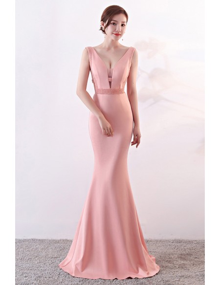 Formal Long Vneck Mermaid Prom Dress with Beaded Waist
