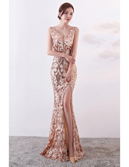 Vneck Split Front Mermaid Long Prom Dress with Bling
