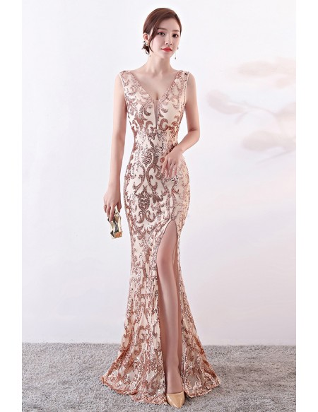 Vneck Split Front Mermaid Long Prom Dress with Bling