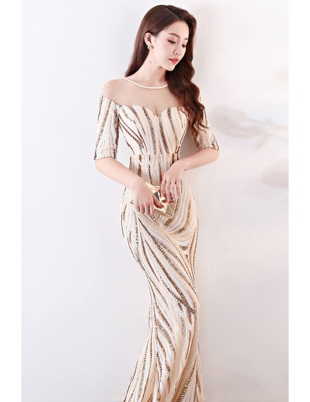 Striped Sequins Mermaid Long Formal Dress with Illusion Neckline