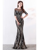 Striped Sequins Mermaid Long Formal Dress with Illusion Neckline