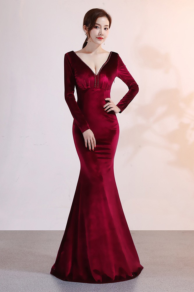 Mid-Length Maxi Velvet Mermaid Regular Evening Dress pnl6669