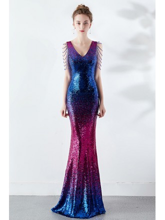 Vneck Ombre Sparkly Sequins Long Prom Dress