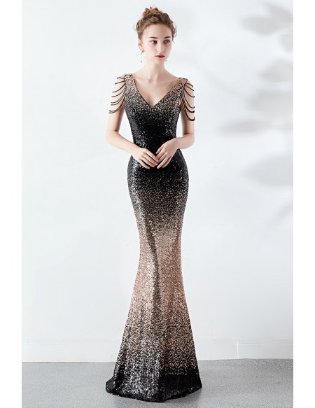 Vneck Ombre Sparkly Sequins Long Prom Dress #LN102 - GemGrace.com