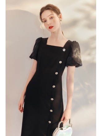 Square Neckline Sheath Black Dress with Buttons