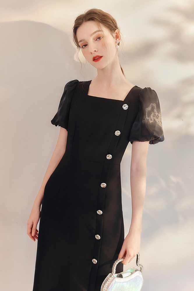 Square Neckline Sheath Black Dress with Buttons #HTX95003 - GemGrace.com