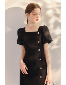 Square Neckline Sheath Black Dress with Buttons