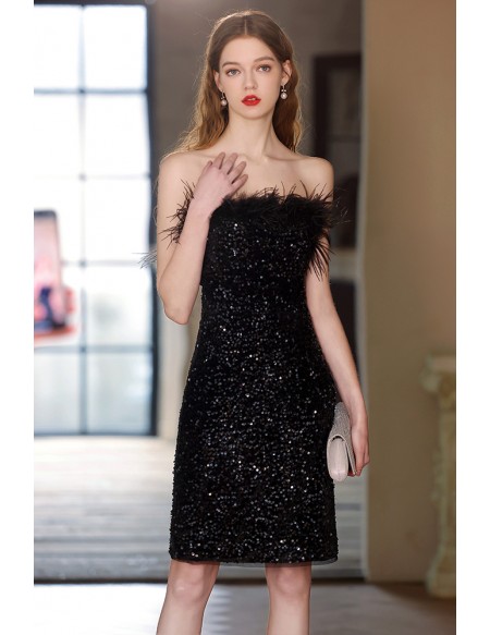 Strapless Little Black Sequined Short Party Dress with Feathers