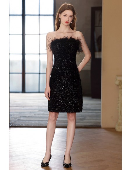 Strapless Little Black Sequined Short Party Dress with Feathers