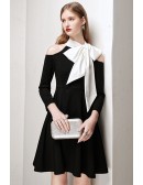 Black Cold Shoulder Aline Party Dress with White Bow Knot