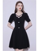 Short Sleeved Modest Black Hoco Dress with Bows