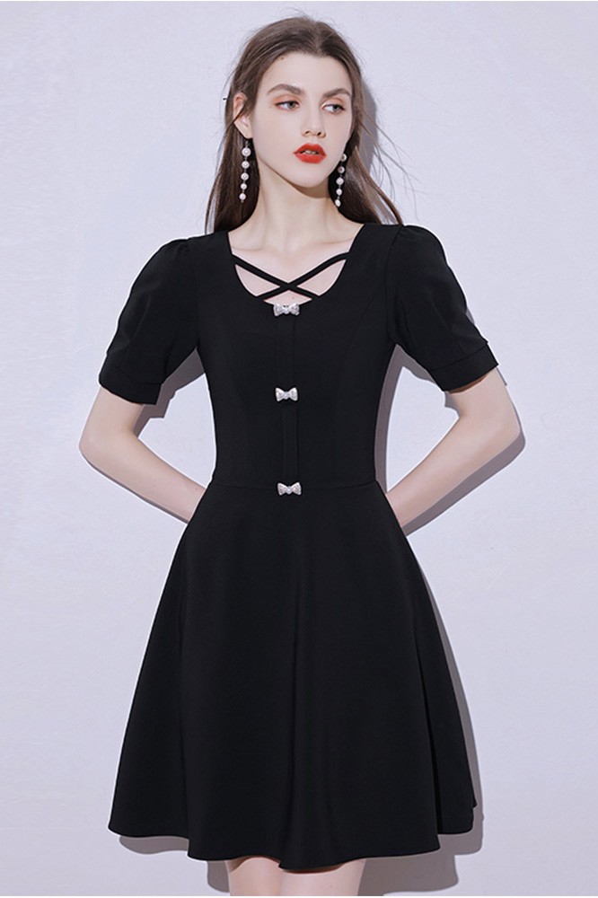 Short Sleeved Modest Black Hoco Dress with Bows #HTX95041 - GemGrace.com