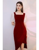 Square Neckline Burgundy Party Dress with Bubble Sleeves