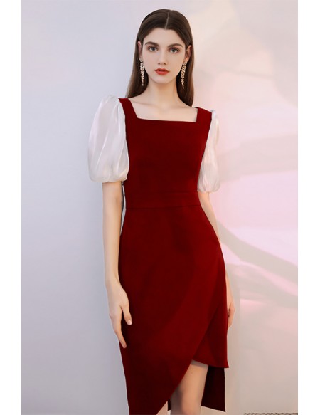 Square Neckline Burgundy Party Dress with Bubble Sleeves