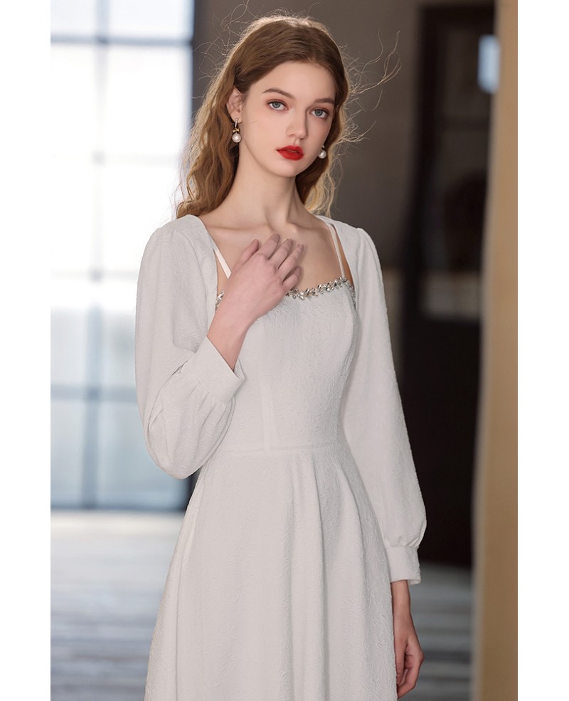 Elegant White Aline Midi Dress with Jacket #HTX95016 - GemGrace.com