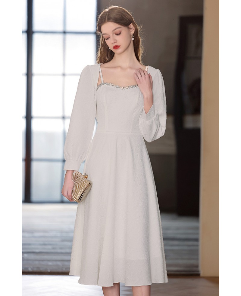 Elegant White Aline Midi Dress with Jacket #HTX95016 - GemGrace.com