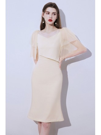Elegant Champagne Sheath Vneck Party Dress with Tulle Sleeves