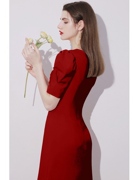 Bubble Sleeved Burgundy Short Party Dress Vneck