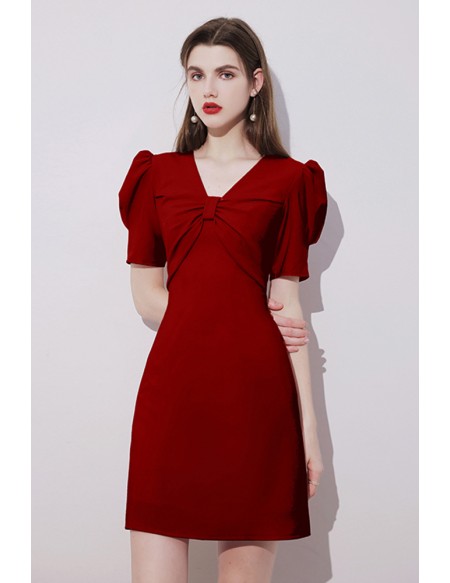 Bubble Sleeved Burgundy Short Party Dress Vneck