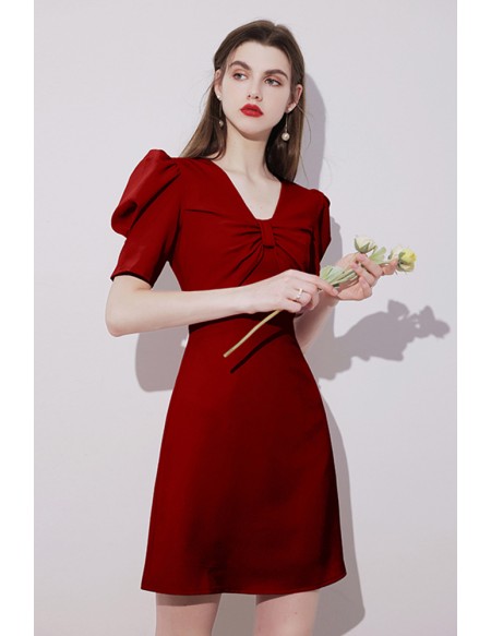 Bubble Sleeved Burgundy Short Party Dress Vneck