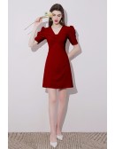 Bubble Sleeved Burgundy Short Party Dress Vneck