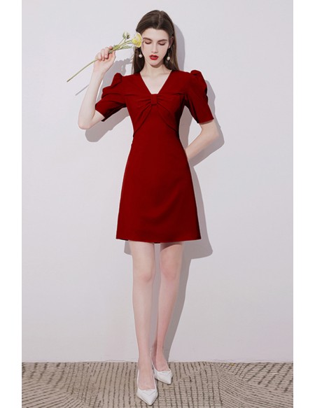 Bubble Sleeved Burgundy Short Party Dress Vneck