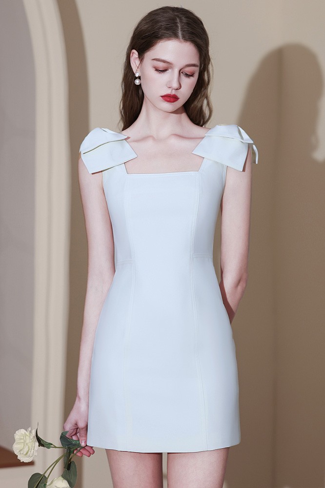 White Square Neck Half Sleeve High Low Mini Dress