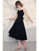 French Chic Tea Length Black Dress with Champagne Sheer Sleeves