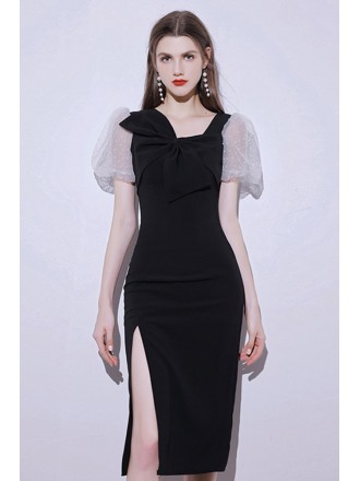 Black Side Split Fitted Party Dress with Sleeves