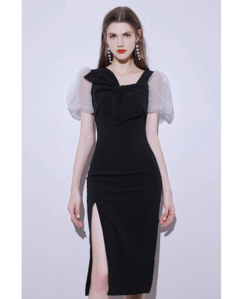 Black Side Split Fitted Party Dress with Sleeves #HTX95042 - GemGrace.com