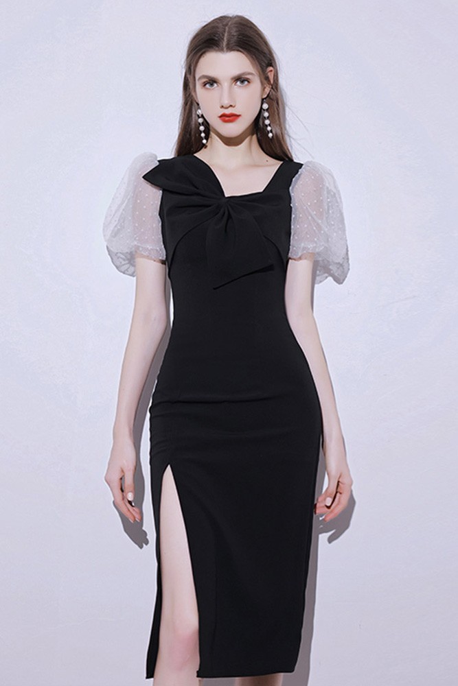 Black Side Split Fitted Party Dress with Sleeves #HTX95042 - GemGrace.com