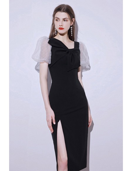 Black Side Split Fitted Party Dress with Sleeves #HTX95042 - GemGrace.com