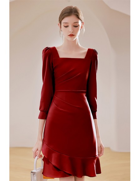 Romantic Square Neckline Burgundy Party Dress with 3/4 Sleeves