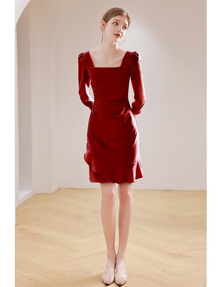 Romantic Square Neckline Burgundy Party Dress with 3/4 Sleeves