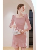 Pink Square Neckline Short Homecoming Dress 3/4 Sleeved