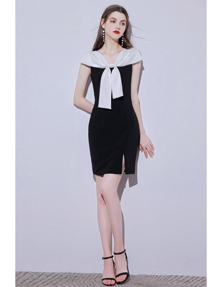 Romantic Little Black Mini Dress with White Bow Knot
