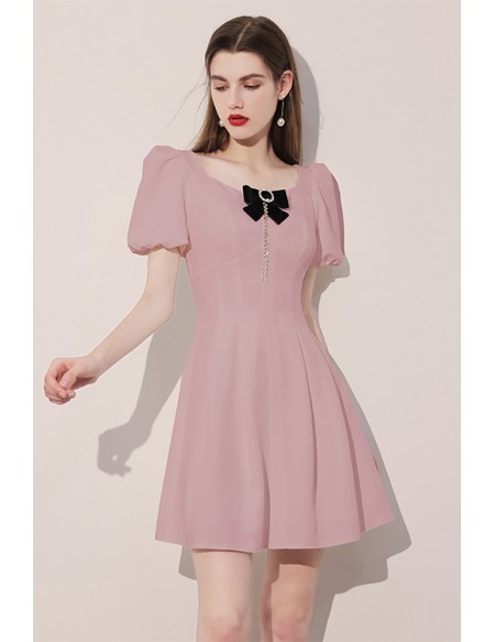 Cute Pink Bubble Sleeved Short Dress with Bow Knot