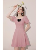 Cute Pink Bubble Sleeved Short Dress with Bow Knot