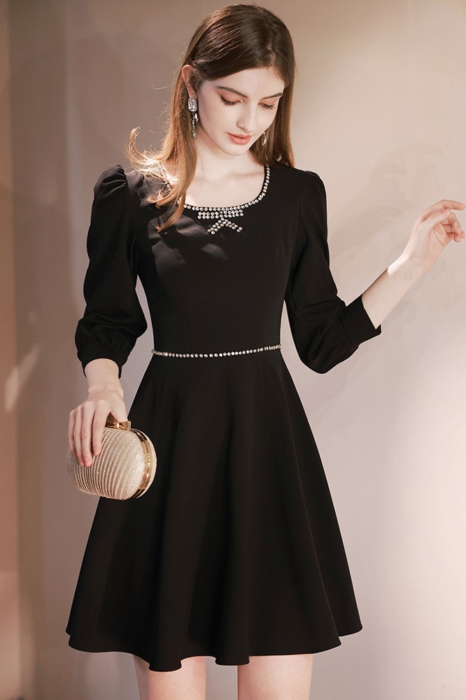 Little Black Long Sleeved Hoco Dress with Beadings #HTX95018 - GemGrace.com