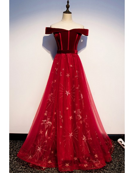 Burgundy Off Shoulder Long Prom Dress with Stars