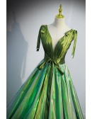 Deep Vneck Green Long Prom Dress with Sash Straps