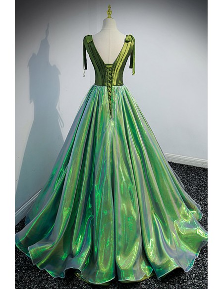 Deep Vneck Green Long Prom Dress with Sash Straps