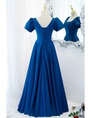 Blue Satin Retro Square Neck Prom Dress with Sleeves