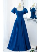 Blue Satin Retro Square Neck Prom Dress with Sleeves