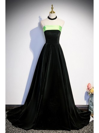 Simple Long Black And Green Velvet Prom Dress Strapless