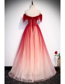 Ombre Red Off Shoulder Tulle Long Prom Dress