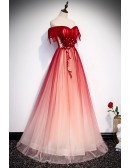 Ombre Red Off Shoulder Tulle Long Prom Dress